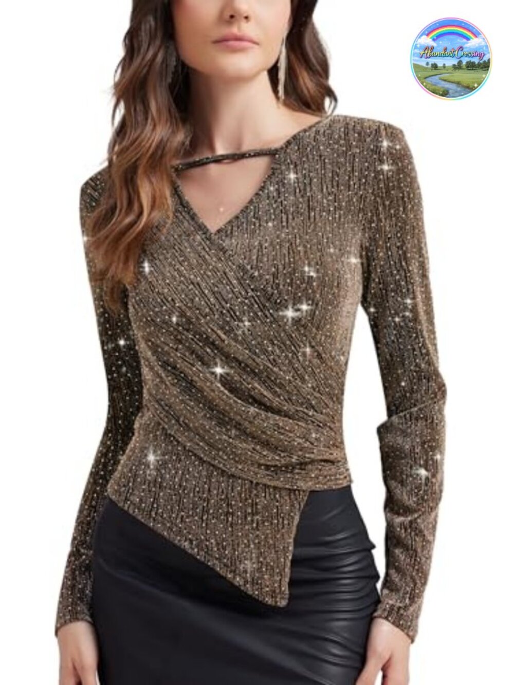 Rhinestone Shimmer Blouse Long Sleeve V-Neck Sparkly Party Top
